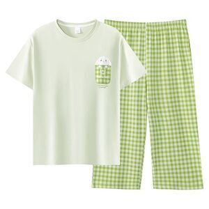 New Cotton Women Capri Pajama Set 2 Pcs Short Sleeve Top Capris pants Sleepwear